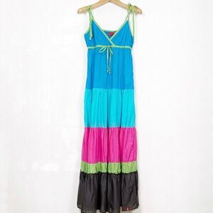EUC Esprit Tiered‎ Colour Block Cotton Maxi Dress Spaghetti Strap Size 38 Medium